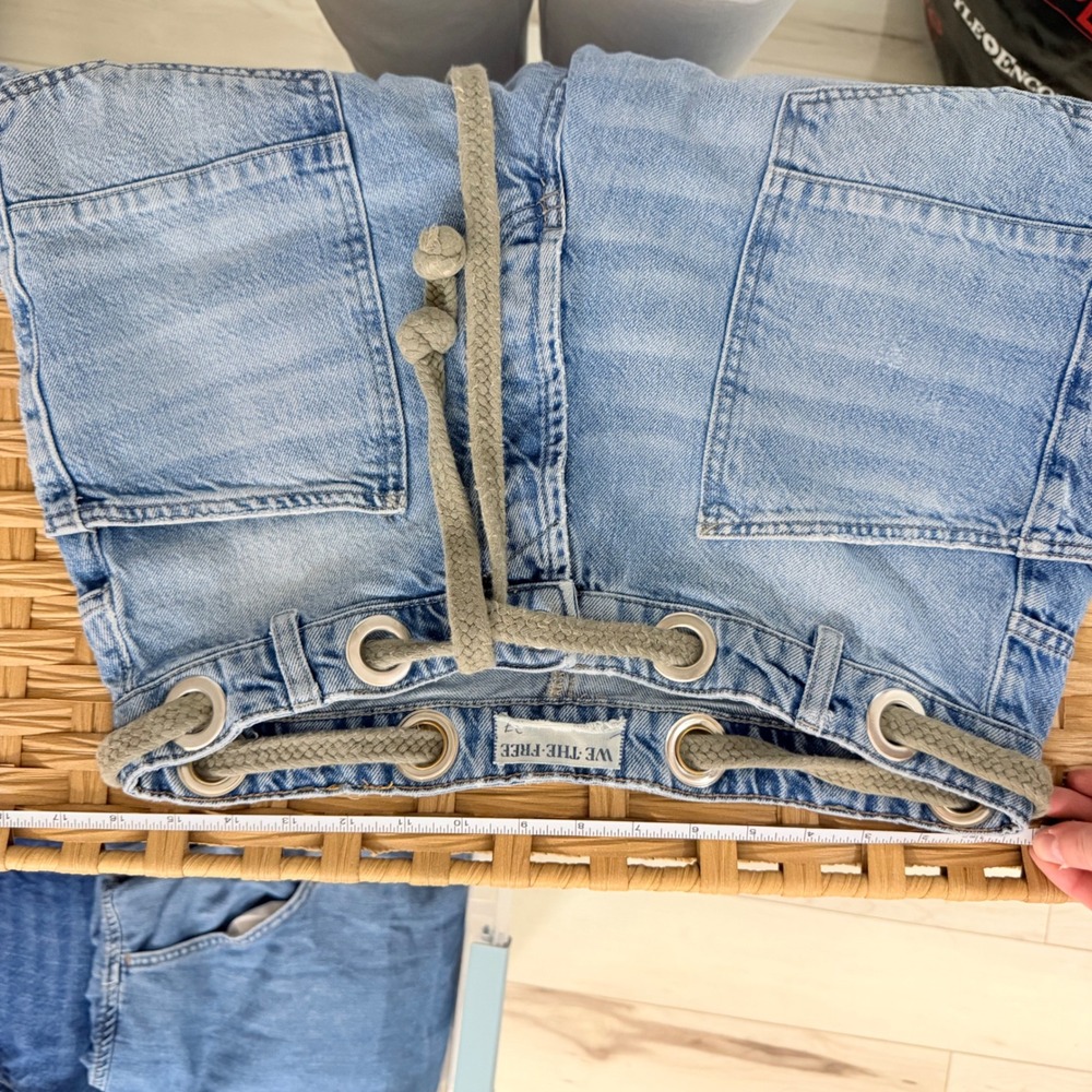 Free People We The Free Moxie Low Slung Barrel Jeans Blue Patchwork Rope Belt 27 - Picture 5 of 7